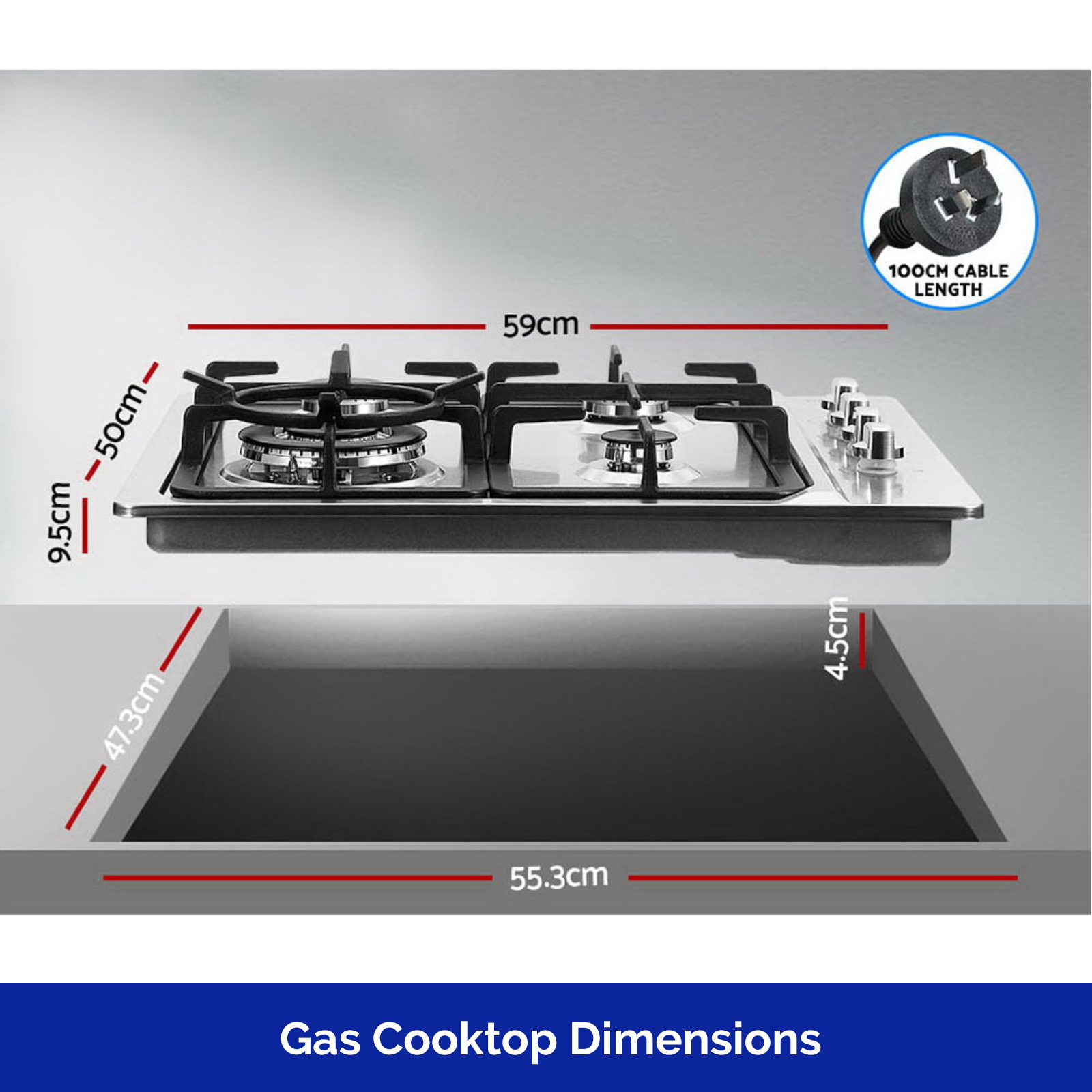 Devanti Gas Cooktop 60cm Kitchen Stove 4 Burner Cook Top NG LPG Stainless Steel Dimensions 
